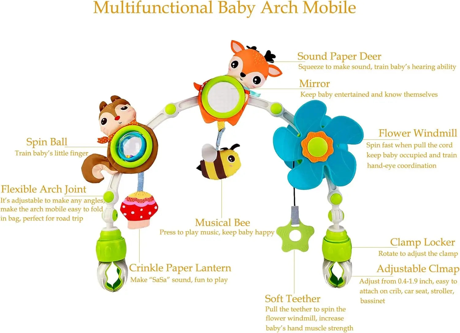 Multifunctional baby arch mobile with colorful deer, squirrel, bee, flower toys, mirror, and universal clamps.