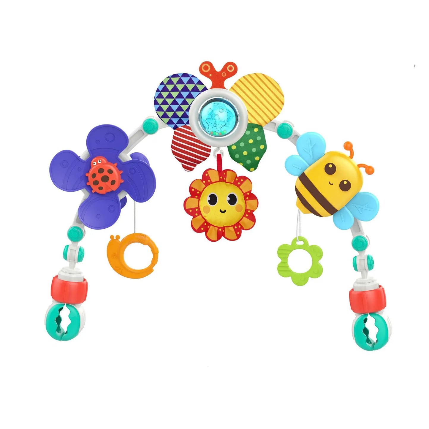 Colorful baby activity arch with hanging bee, flower, and sun toys, universal clips.