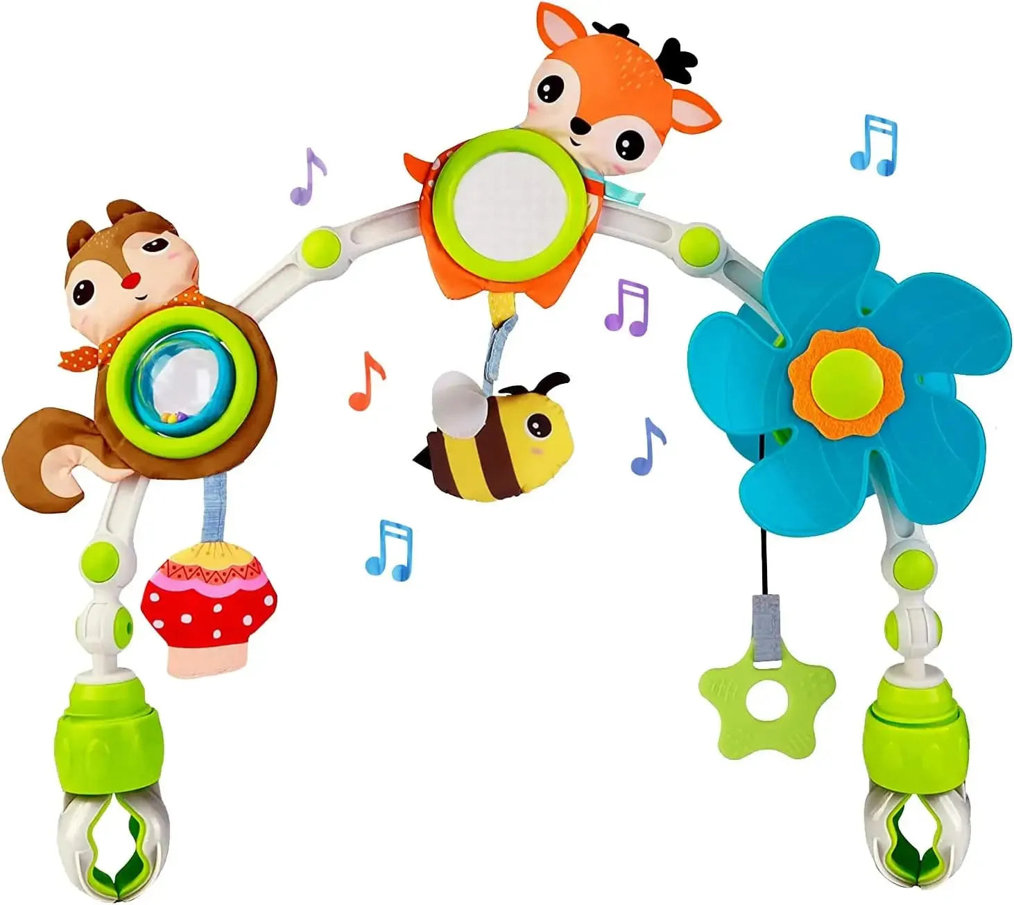 Baby activity arch with hanging squirrel, deer, bee, and flower toys, featuring universal green clips.