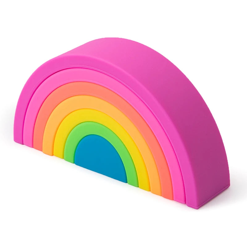 Soft silicone rainbow stacking toy with vibrant pink, orange, yellow, green, and blue arches.