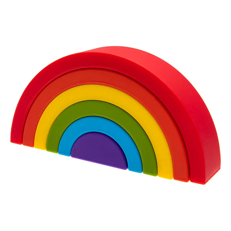 Soft silicone rainbow stacking toy for babies, featuring vibrant red, orange, yellow, green, blue, and purple arches.