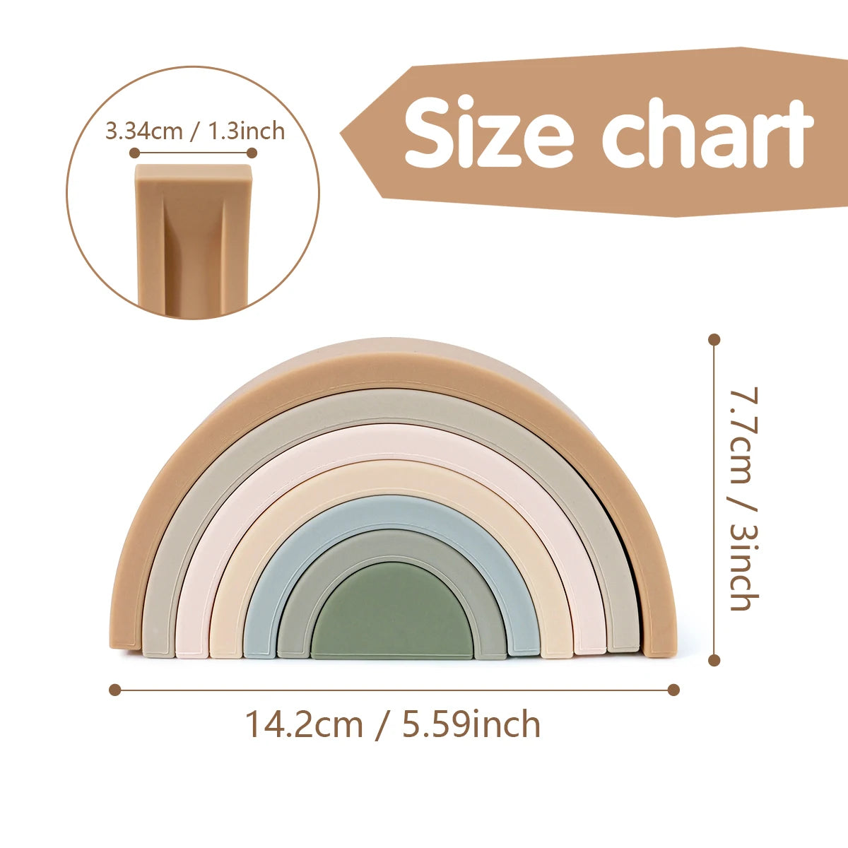 Soft silicone Montessori rainbow stacking toy in neutral colors, with detailed size measurements.