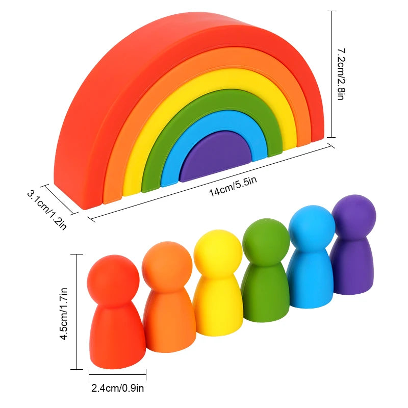 Colorful silicone Montessori rainbow stacker and six peg dolls with dimensions.