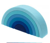 Soft silicone stacking rainbow toy in shades of blue, for Montessori play and teething.