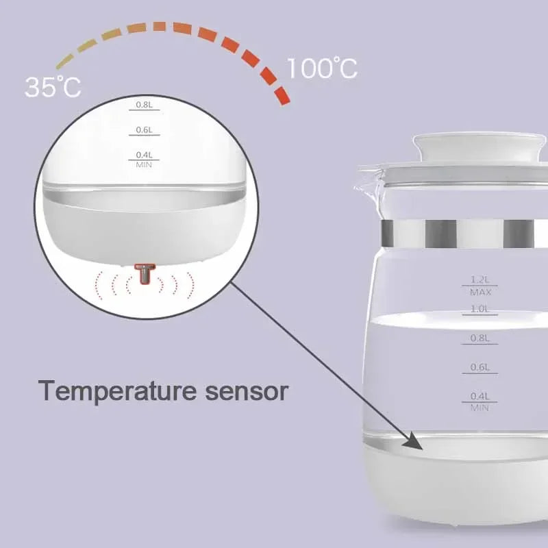 Smart white and clear glass kettle with temperature sensor, showing 1.2L capacity and 35-100°C range.