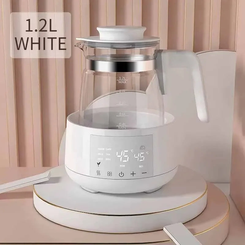White 1.2L smart glass kettle with digital display for temperature control, ideal for baby formula.