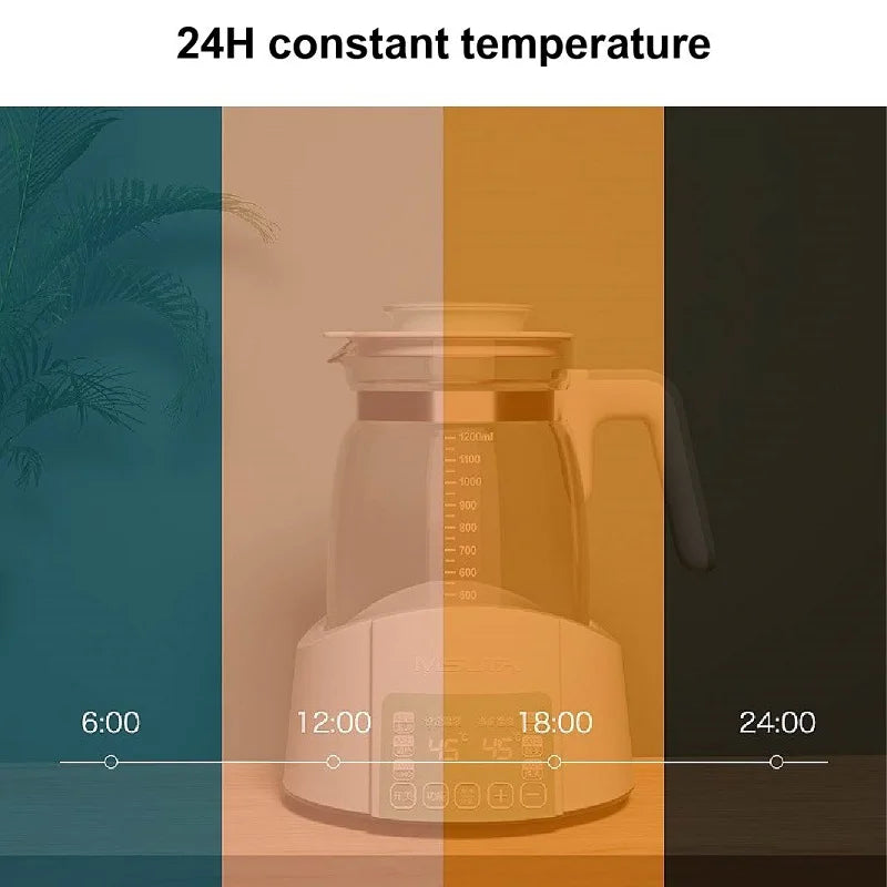 Smart 1.2L glass baby formula kettle with constant temperature display, white base, and handle.