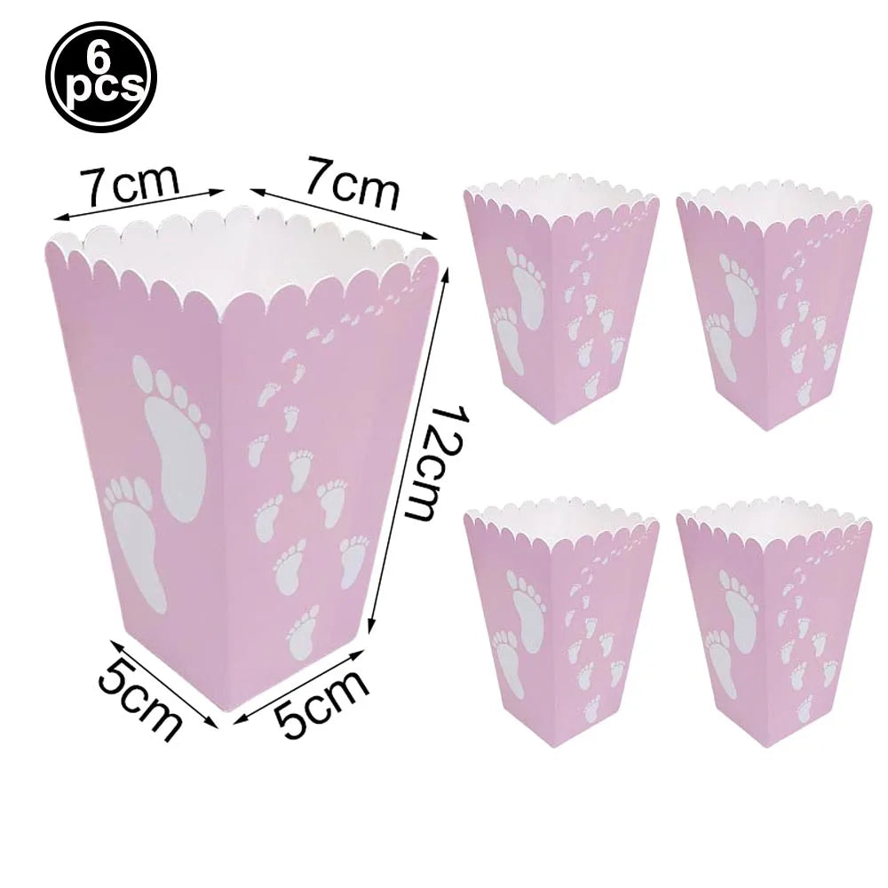 Pink paper popcorn boxes with white baby footprints, scalloped edges, 7x7x12cm, 6 pcs.
