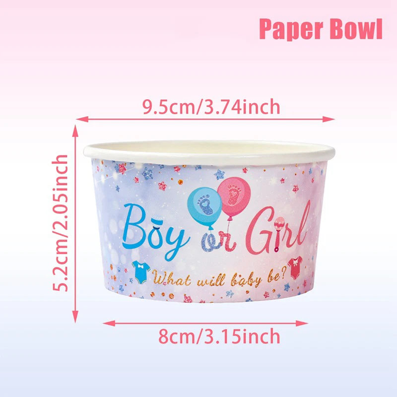 Pink and blue "Boy or Girl" paper bowl for baby shower or gender reveal parties, with dimensions.