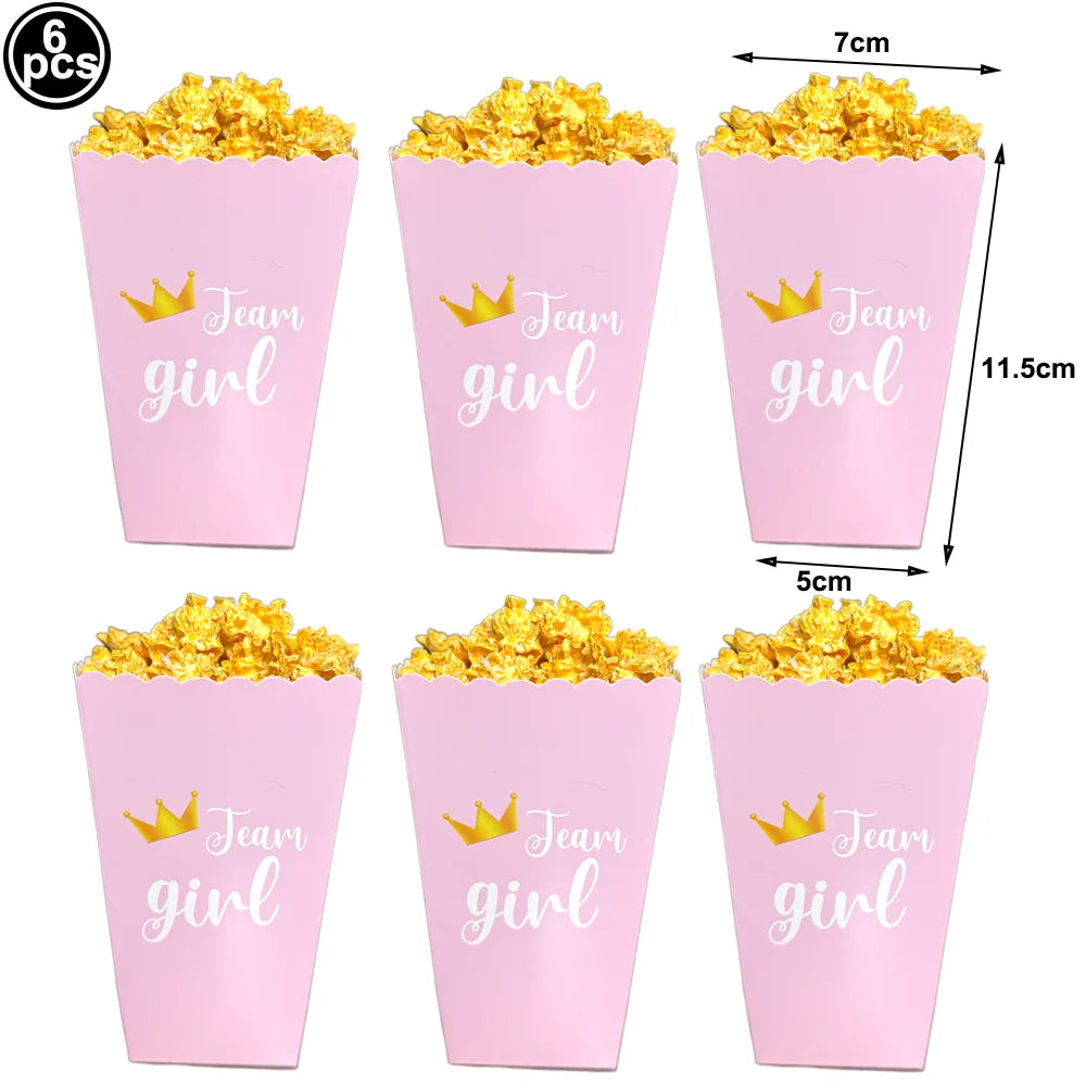 Pink "Team Girl" popcorn boxes with gold crowns, filled with popcorn, shown in a 6-piece pack.