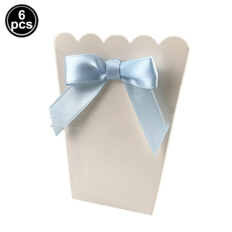 White paper popcorn box with scalloped top and light blue satin bow, 6 pcs.