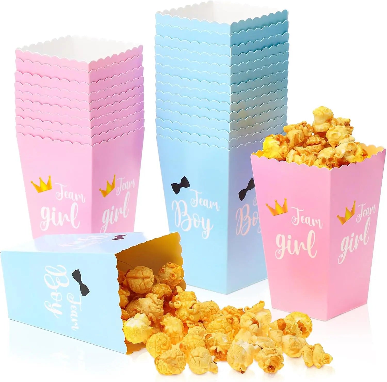 Pink "Team Girl" crown and blue "Team Boy" bow tie paper popcorn boxes, some filled with popcorn.