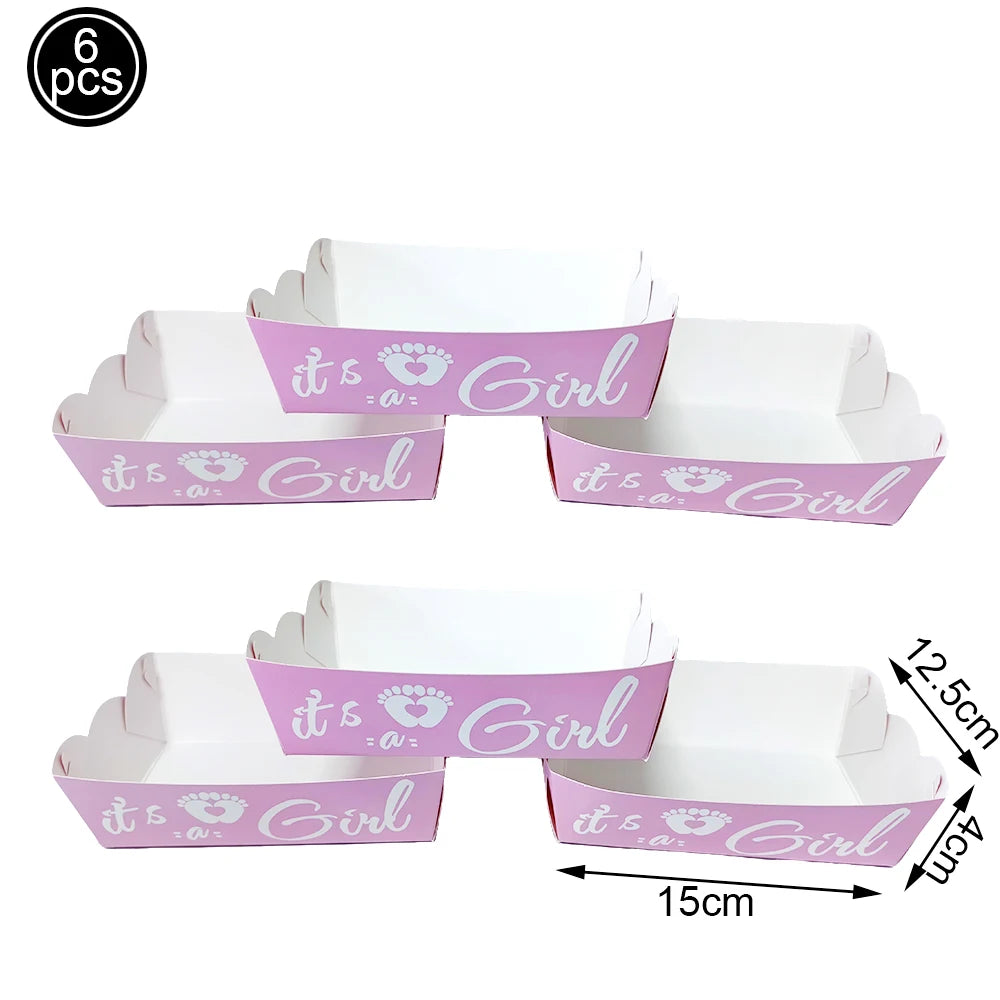 Pink "It's a Girl" paper snack trays with footprints, 15x12.5x4cm, for baby showers.
