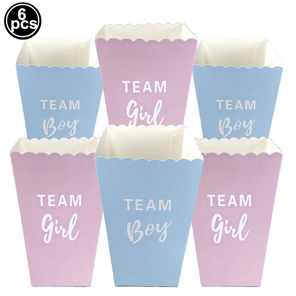 Pink and blue "Team Boy" and "Team Girl" paper popcorn boxes with scalloped edges, in a 6-piece set.
