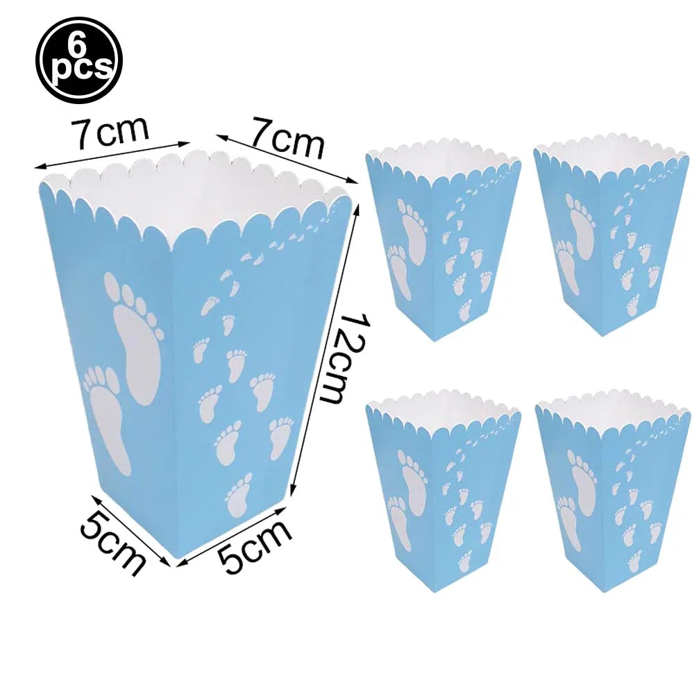 Light blue paper popcorn/candy boxes with white baby footprints, 12cm tall, 7x7cm top, 5x5cm base.