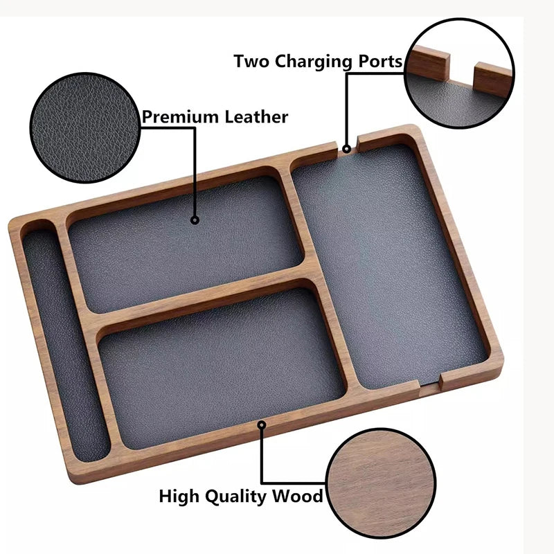 Wooden desk organizer with black leather compartments, two charging ports, and a minimalist design.