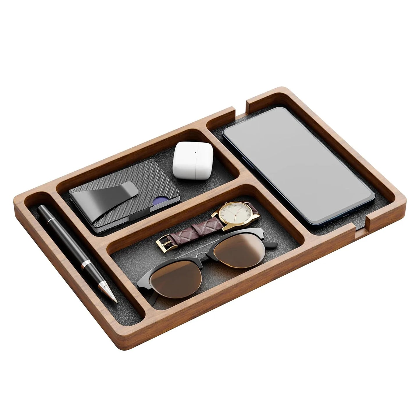 Wooden desk organizer with multiple compartments for phone, wallet, watch, sunglasses, pen, and earbuds.