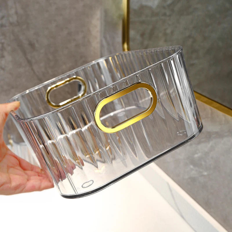 Clear ribbed PET rectangular storage box with elegant gold handles.