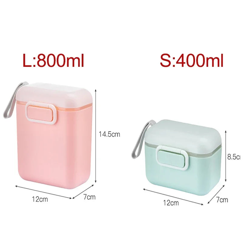 Pink 800ml and mint green 400ml portable baby formula dispensers with measuring spoons and handles.