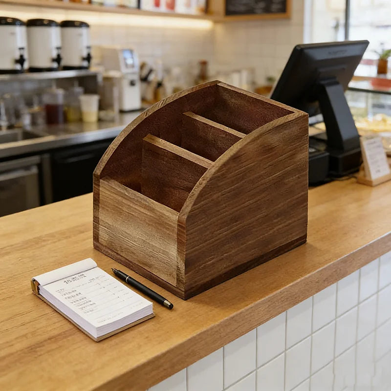 Luxury dark wood remote control and accessory organizer with three compartments on a wooden counter.