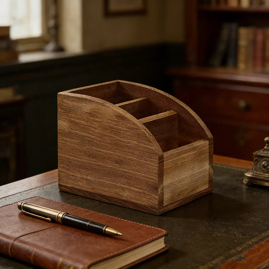 Luxurious dark wood remote control and accessory organizer with three compartments, on a leather desk.
