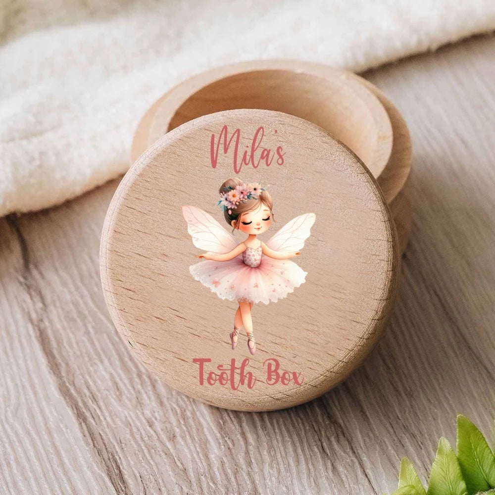 Personalized wooden tooth fairy box with a pink ballerina fairy and "Mila's Tooth Box" text.