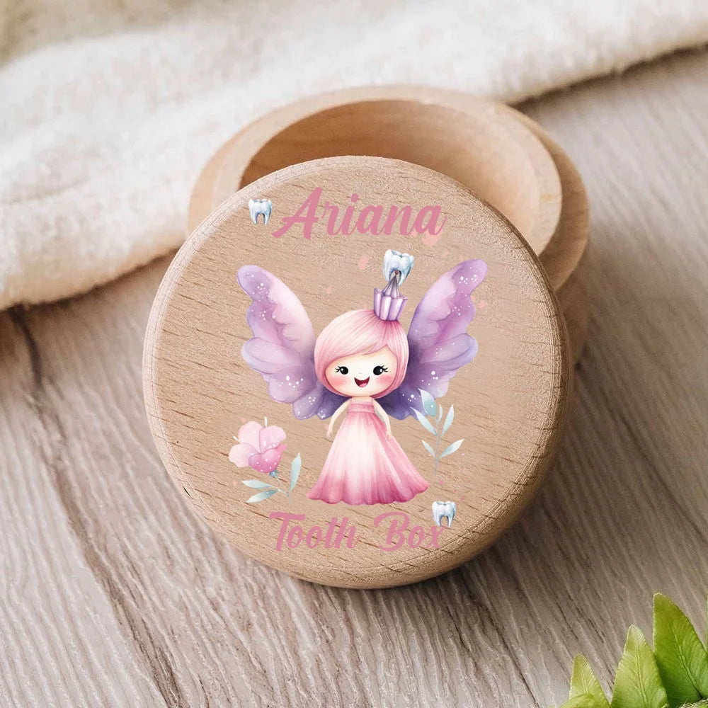 Personalized wooden tooth fairy box with "Ariana" and a pink fairy design.
