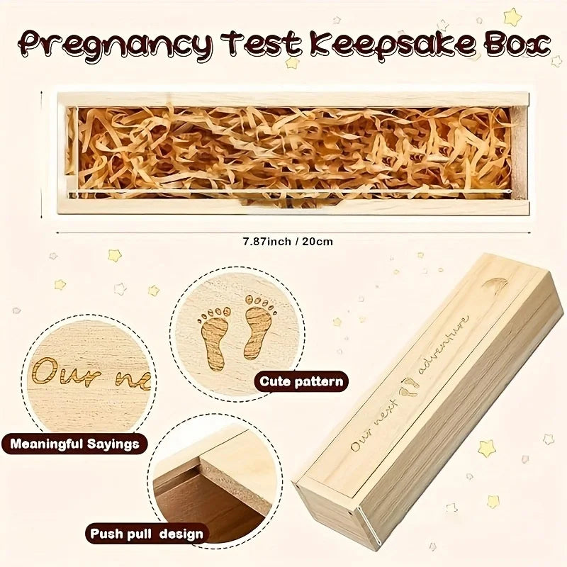 Natural wood pregnancy test keepsake box with "Our next adventure" engraving and baby footprints.