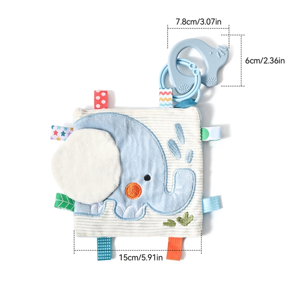 Soft baby sensory blanket with blue elephant, colorful tags, and a blue silicone teether.