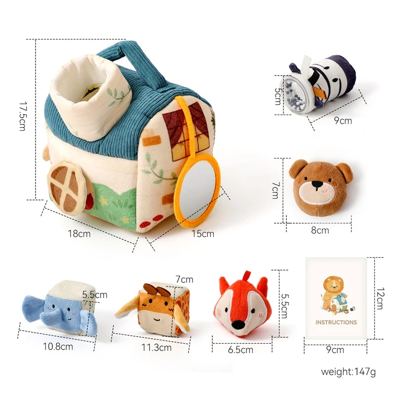 Plush baby tissue box toy with house design, sensory animal pull-out scarves, mirror, and learning toys.