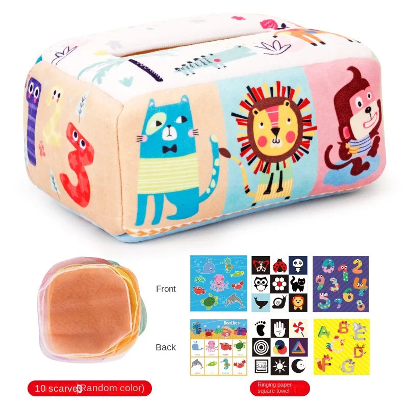 Soft Montessori tissue box toy with colorful animal and number illustrations, includes 10 scarves and crinkle paper.