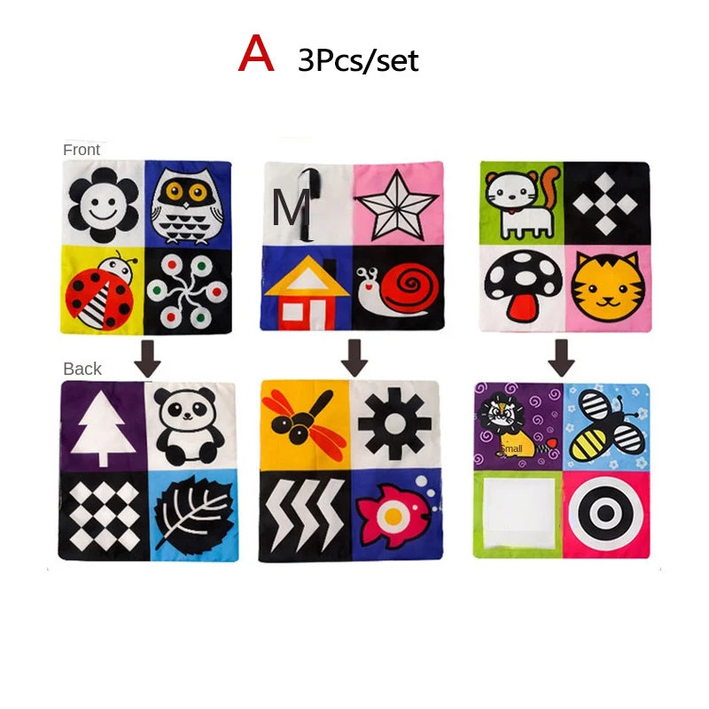 Set of three colorful soft fabric baby books with high-contrast patterns and cartoon animals.