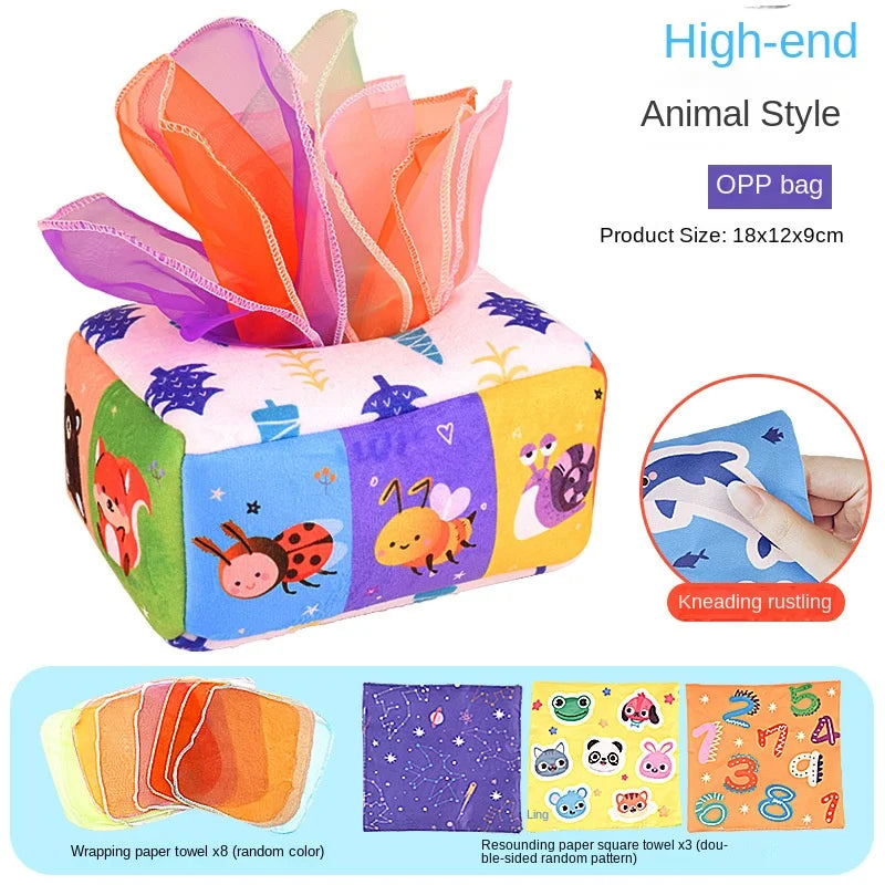 Montessori soft fabric tissue box toy with colorful animal and number patterns, featuring crinkly scarves.