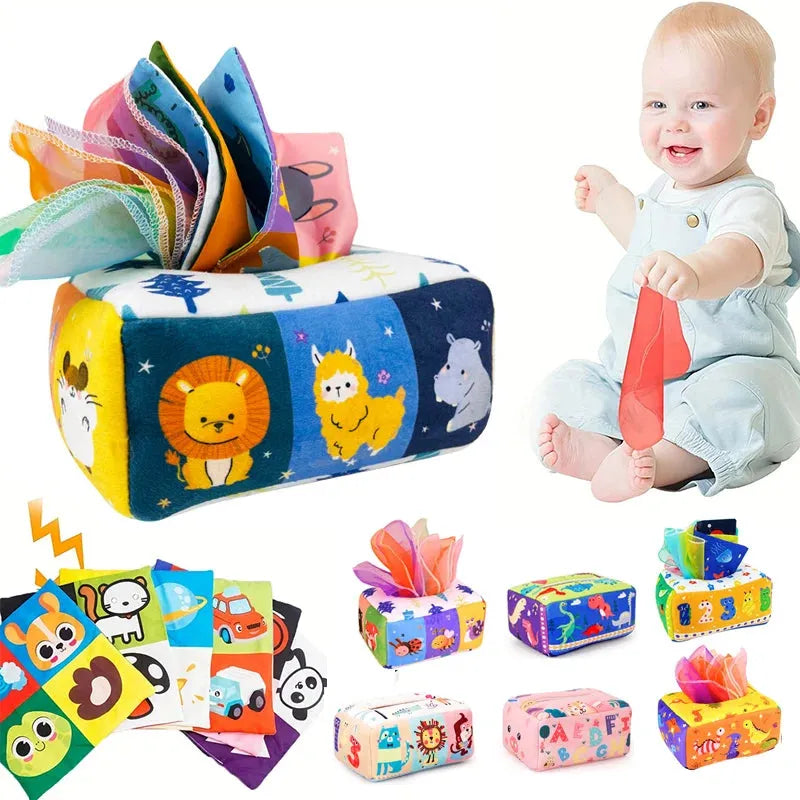 Soft Montessori tissue box toy with colorful animal and alphabet patterns, shown with a happy baby.