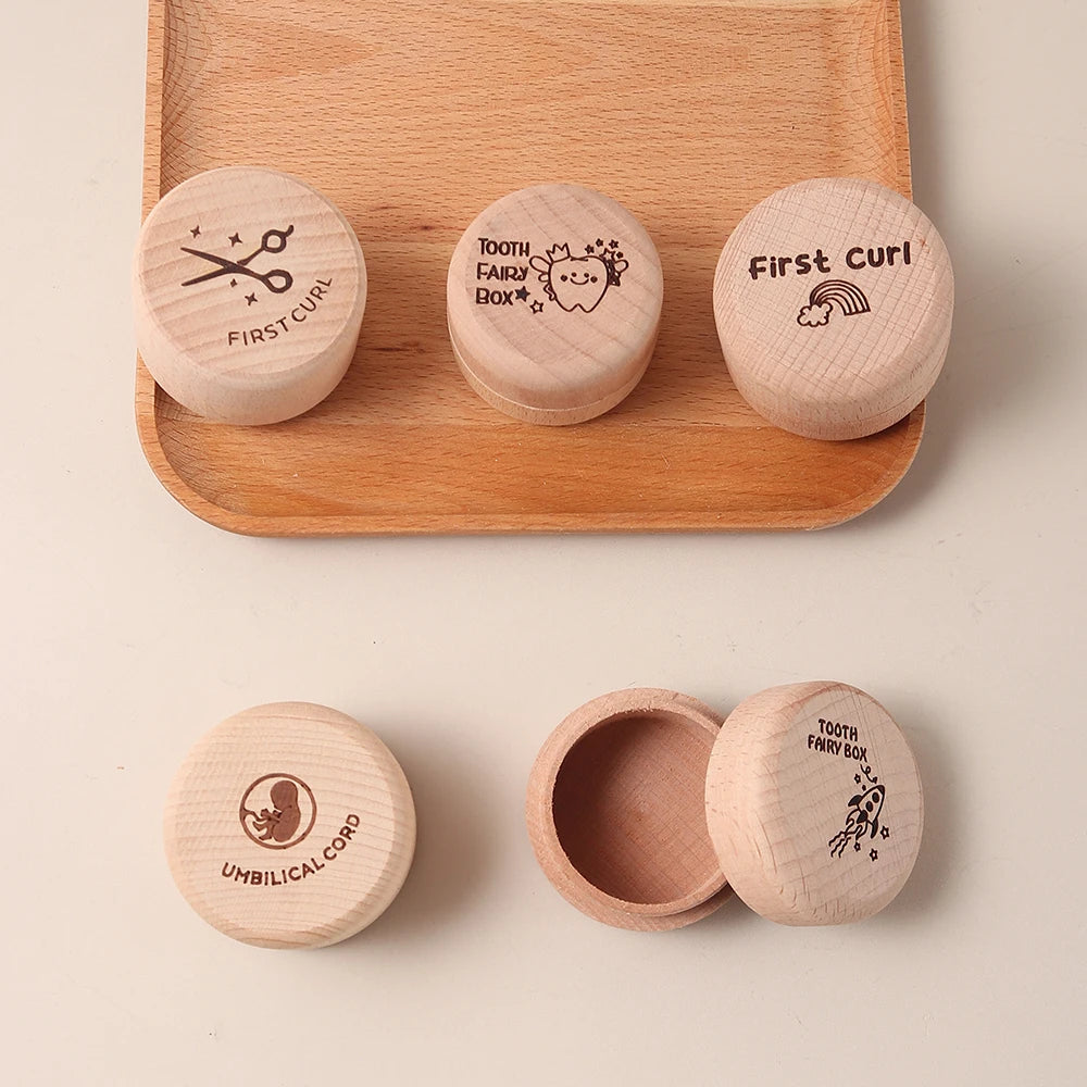Set of five natural beechwood keepsake boxes for baby's first tooth, curl, and umbilical cord.