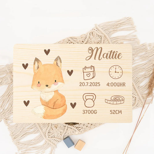 Personalized wooden baby memory box with a cute fox design, name, birth date, time, weight, and height.