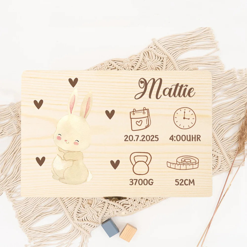 Personalized wooden baby memory box with cute bunny, name "Mattie", birth date, weight, and height.