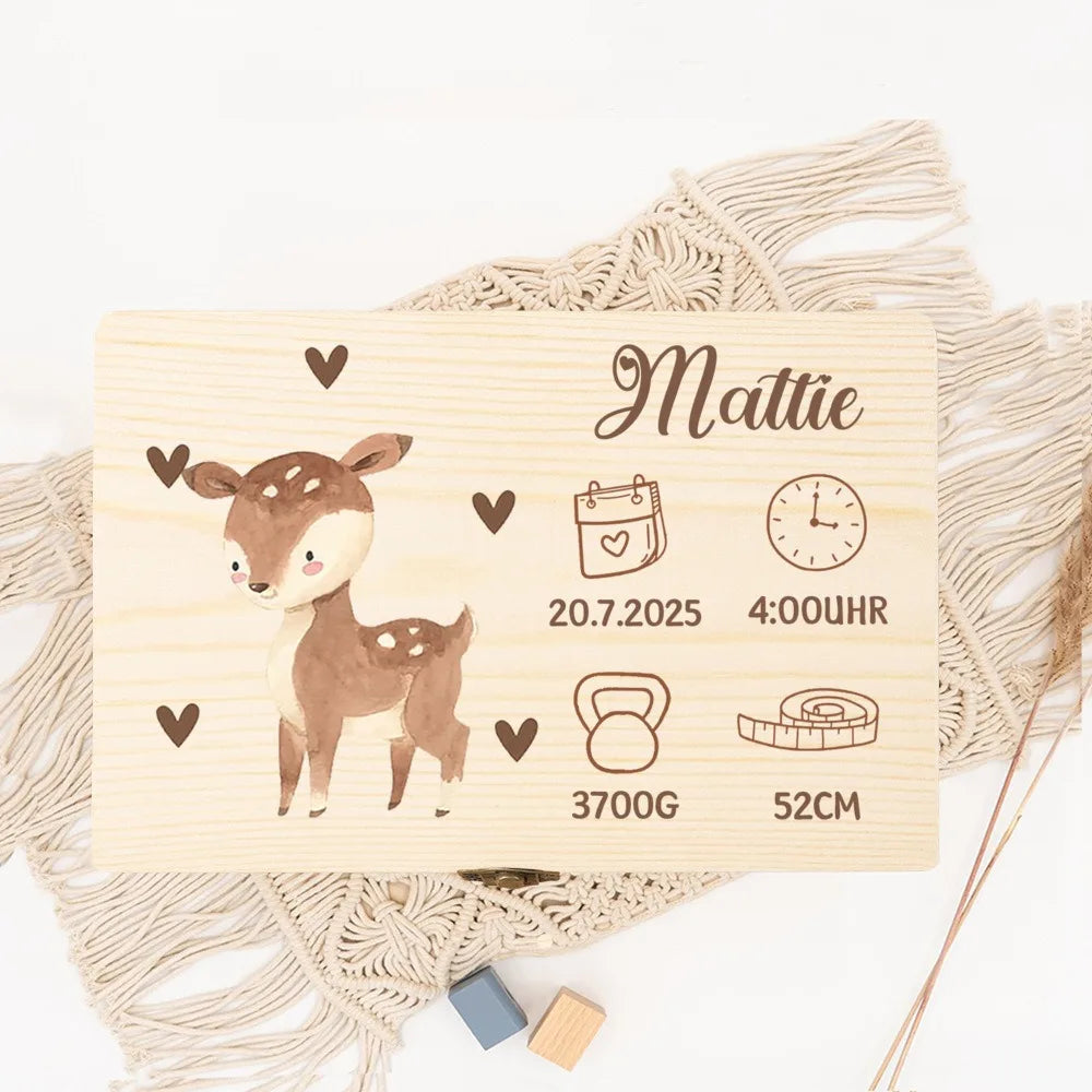 Personalized wooden baby memory box with fawn design, name "Mattie," birth date, time, weight, and height.