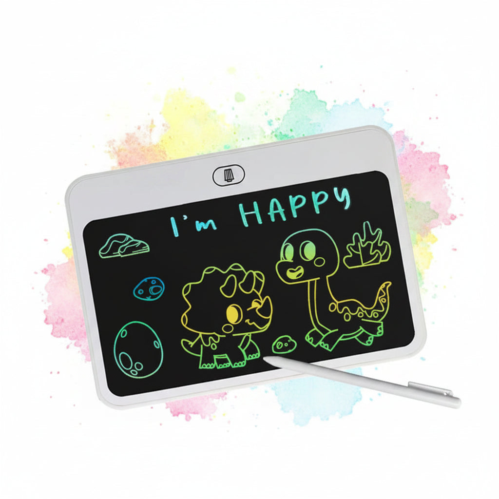 White 8.5-inch LCD digital drawing tablet for kids, displaying colorful dinosaur art and "I'm HAPPY.