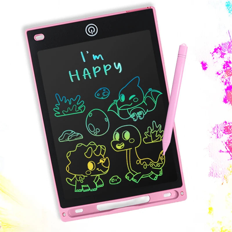 Pink 8.5-inch LCD digital drawing tablet for kids with stylus, displaying colorful dinosaur doodles.
