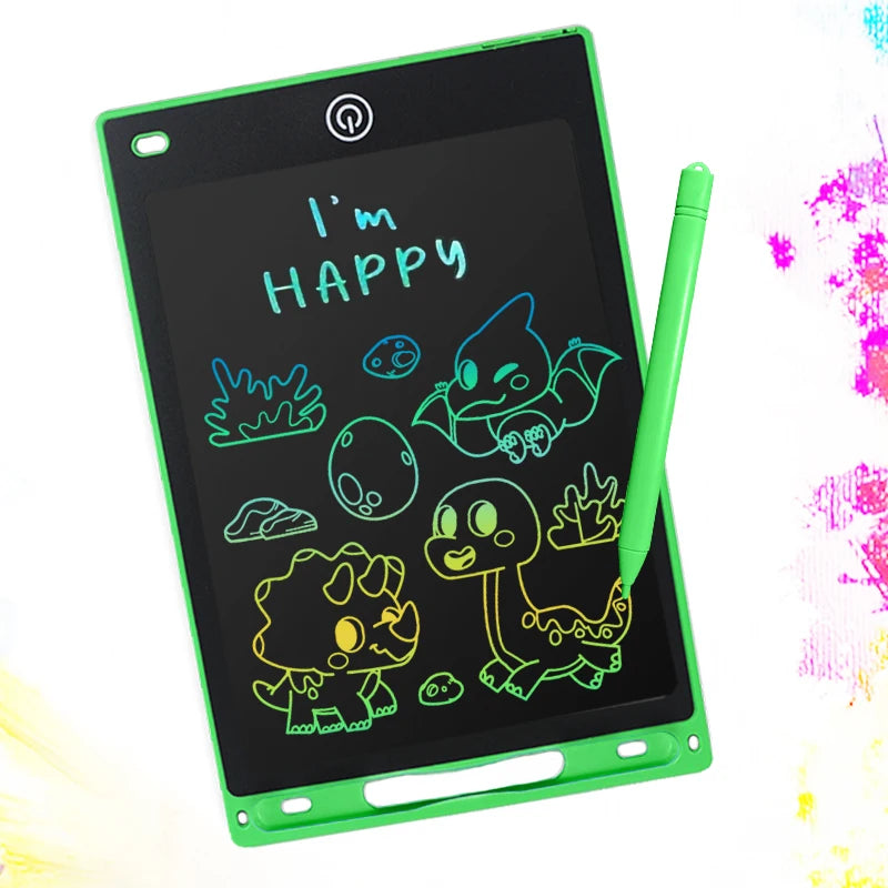 Green 8.5-inch LCD digital drawing tablet for kids, with colorful dinosaur doodles and a stylus.