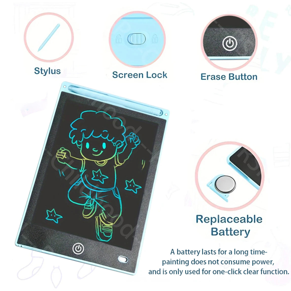Blue 8.5-inch LCD digital drawing tablet for kids with stylus, screen lock, erase button, and replaceable battery.