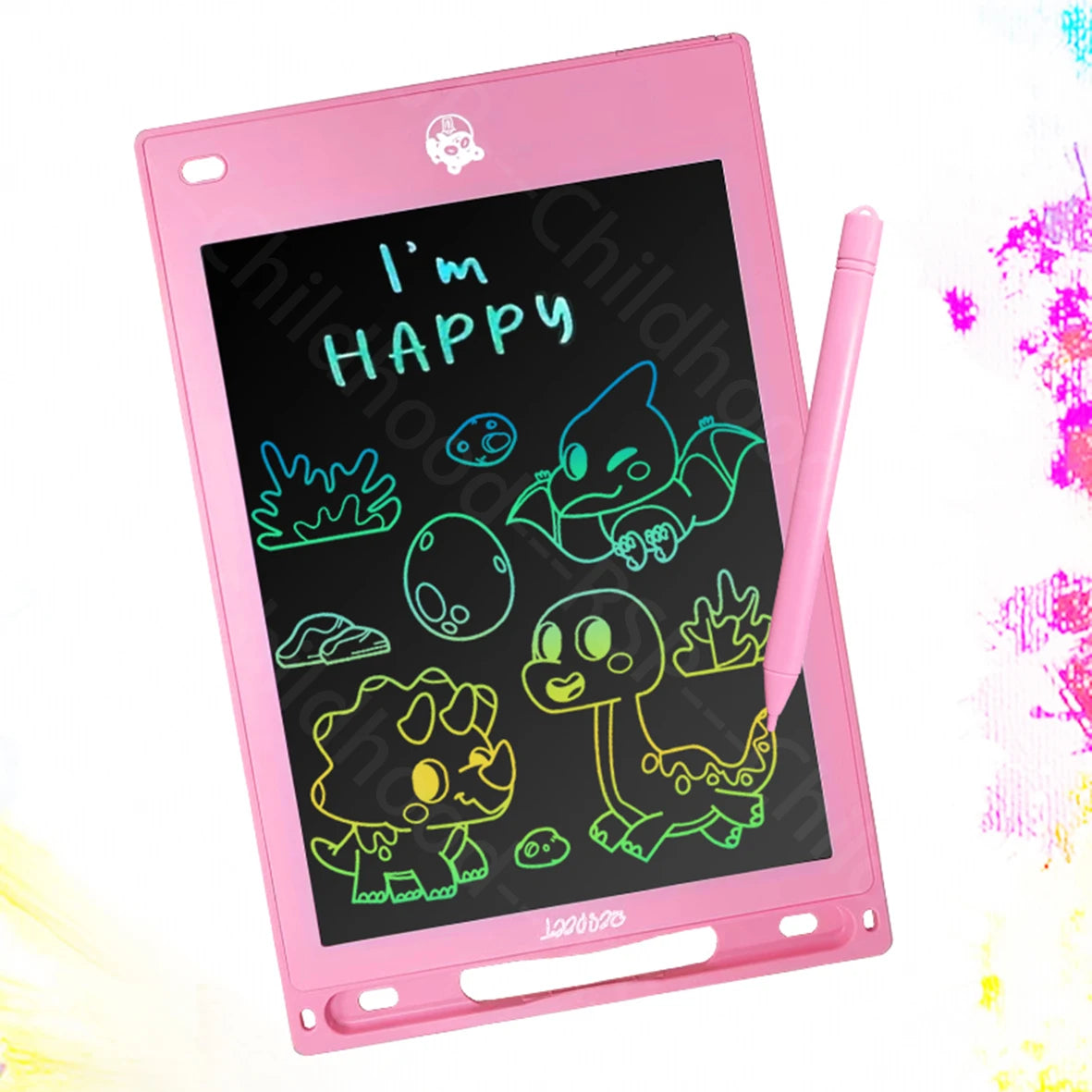 Pink 8.5-inch LCD digital drawing tablet for kids with colorful dinosaur doodles and "I'm Happy" text.