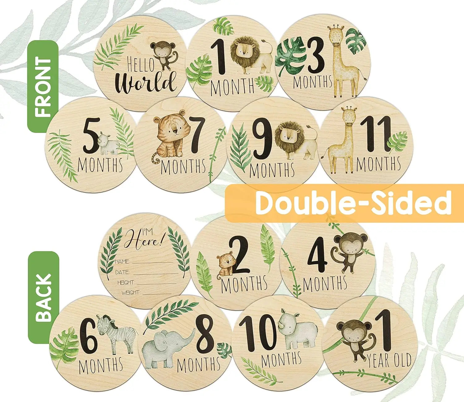 Wooden baby milestone discs with jungle animals, "Hello World" and monthly markers.