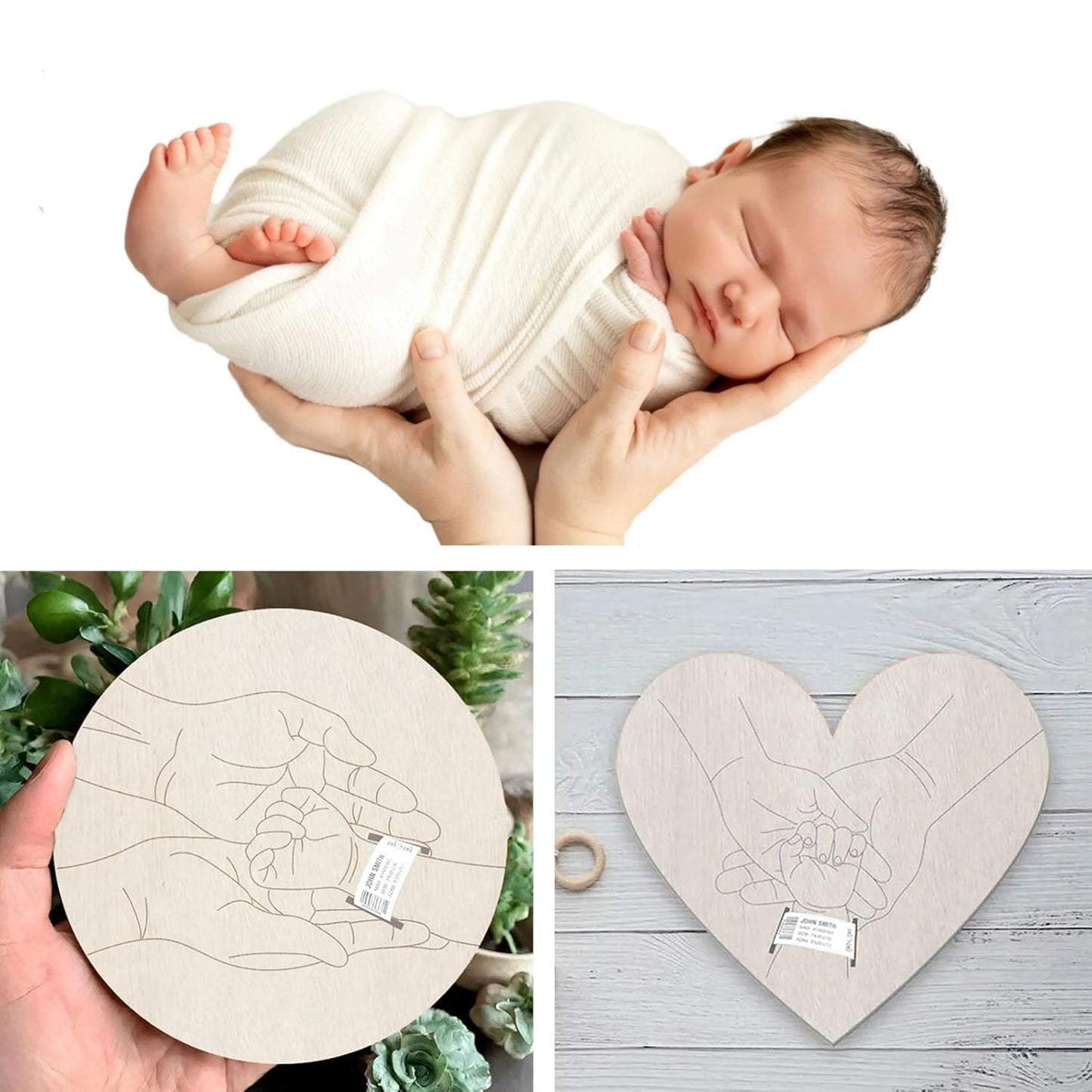 Wooden birth keepsake plaque for hospital bracelet, featuring engraved hands holding a baby's wrist.
