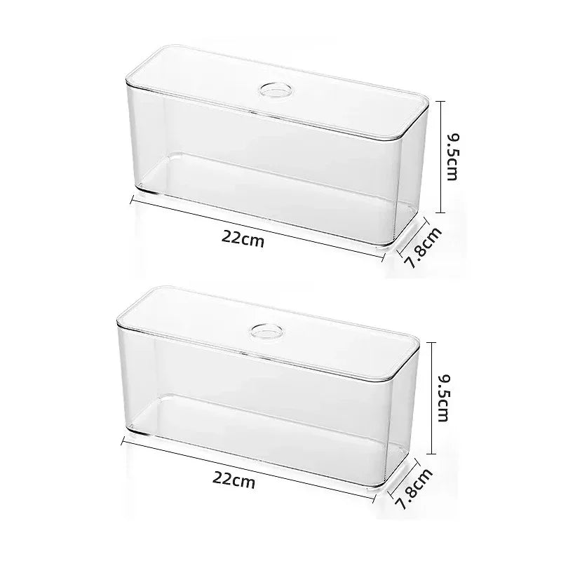 Two clear acrylic rectangular storage boxes with lids, showing dimensions: 22cm long, 7.8cm wide, 9.5cm high.