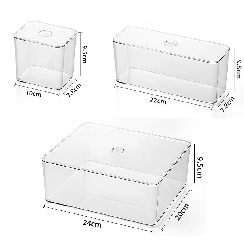 Clear acrylic storage boxes in three sizes for drawer organization, with dimensions shown.