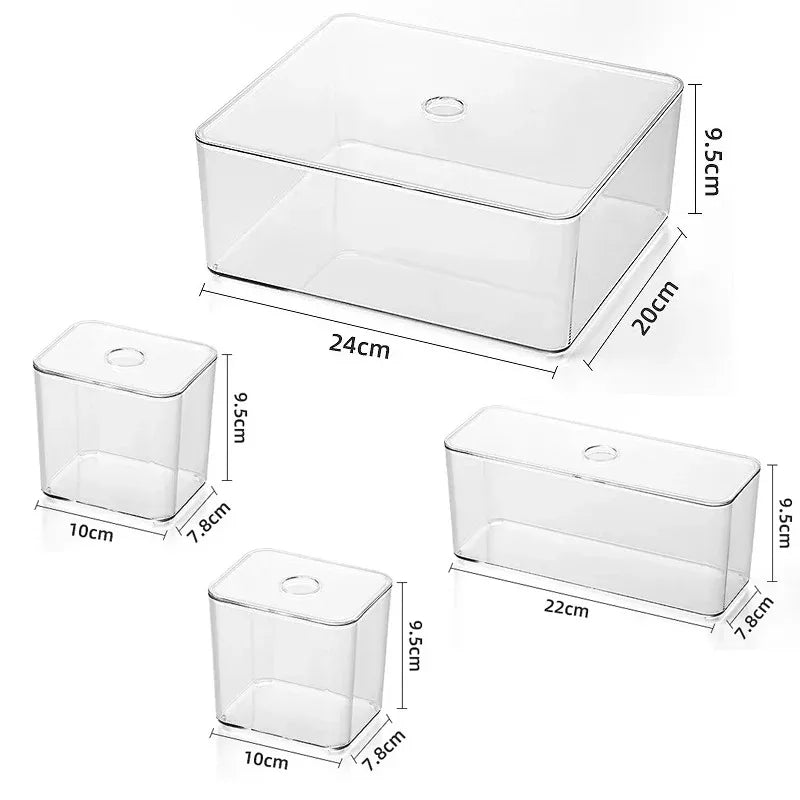 Clear acrylic drawer organizers in various rectangular sizes with dimensions for home and office storage.