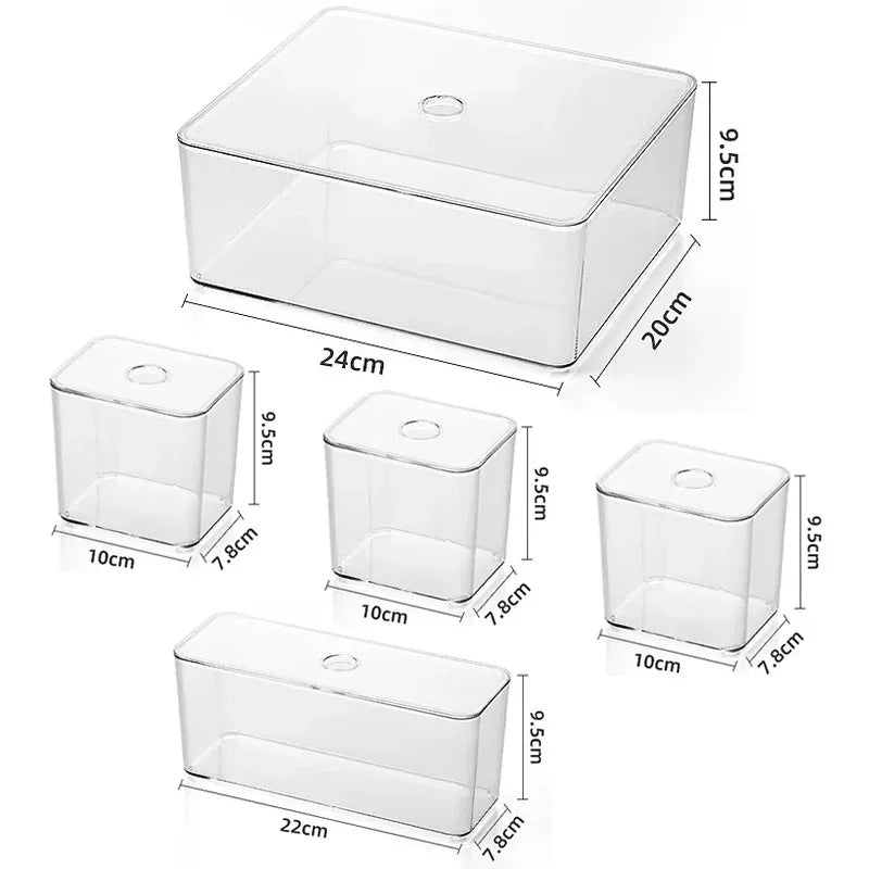 Clear acrylic storage box set for drawers and home organization, showing various sizes with dimensions.