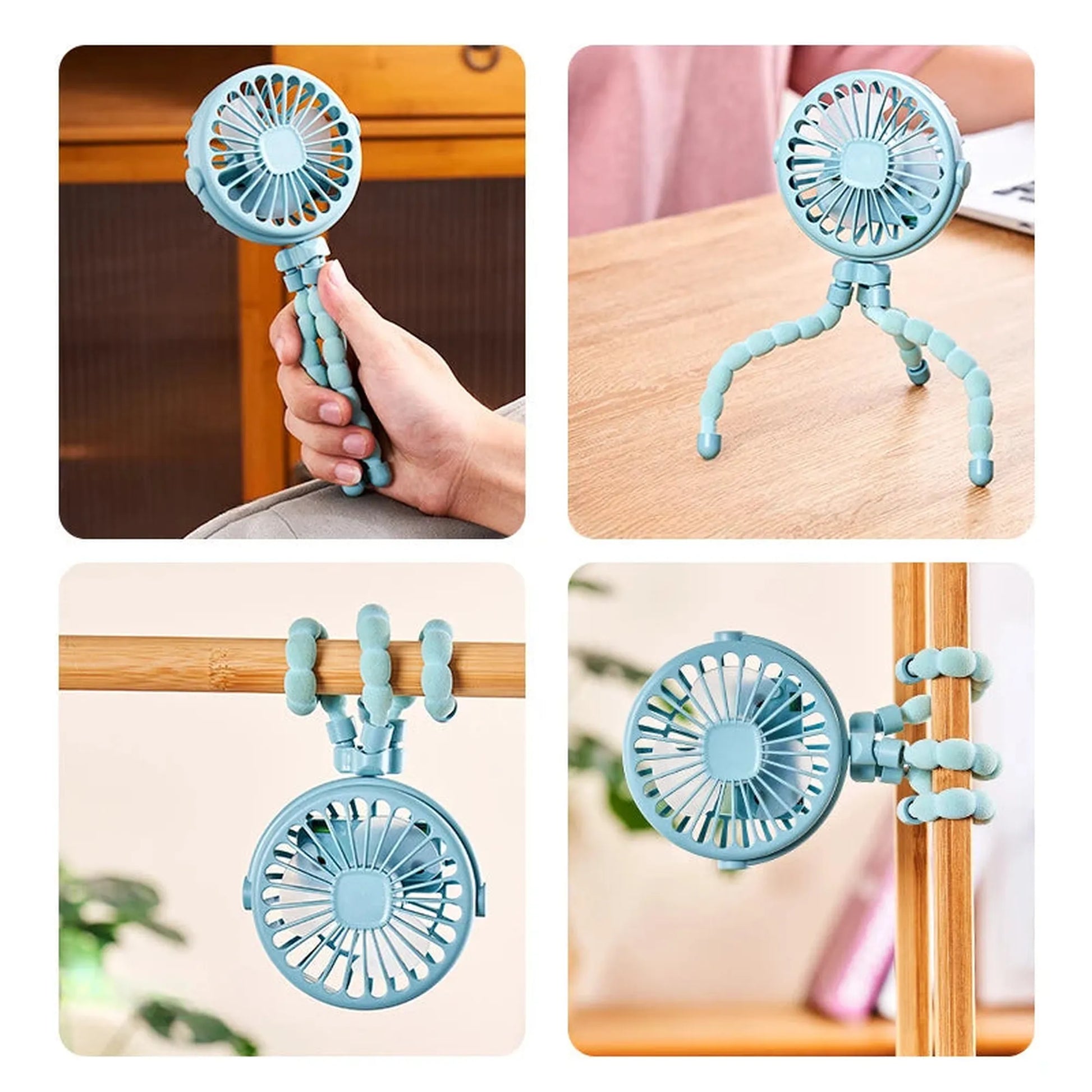 Light blue portable USB rechargeable stroller fan with flexible tripod legs, shown handheld and clipped.